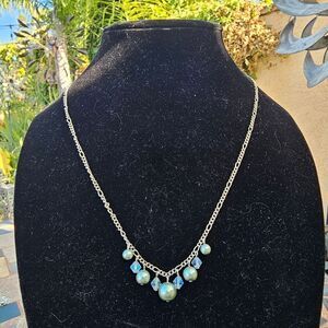 Vintage Simple Blue Bead and Crystal Dangle Necklace